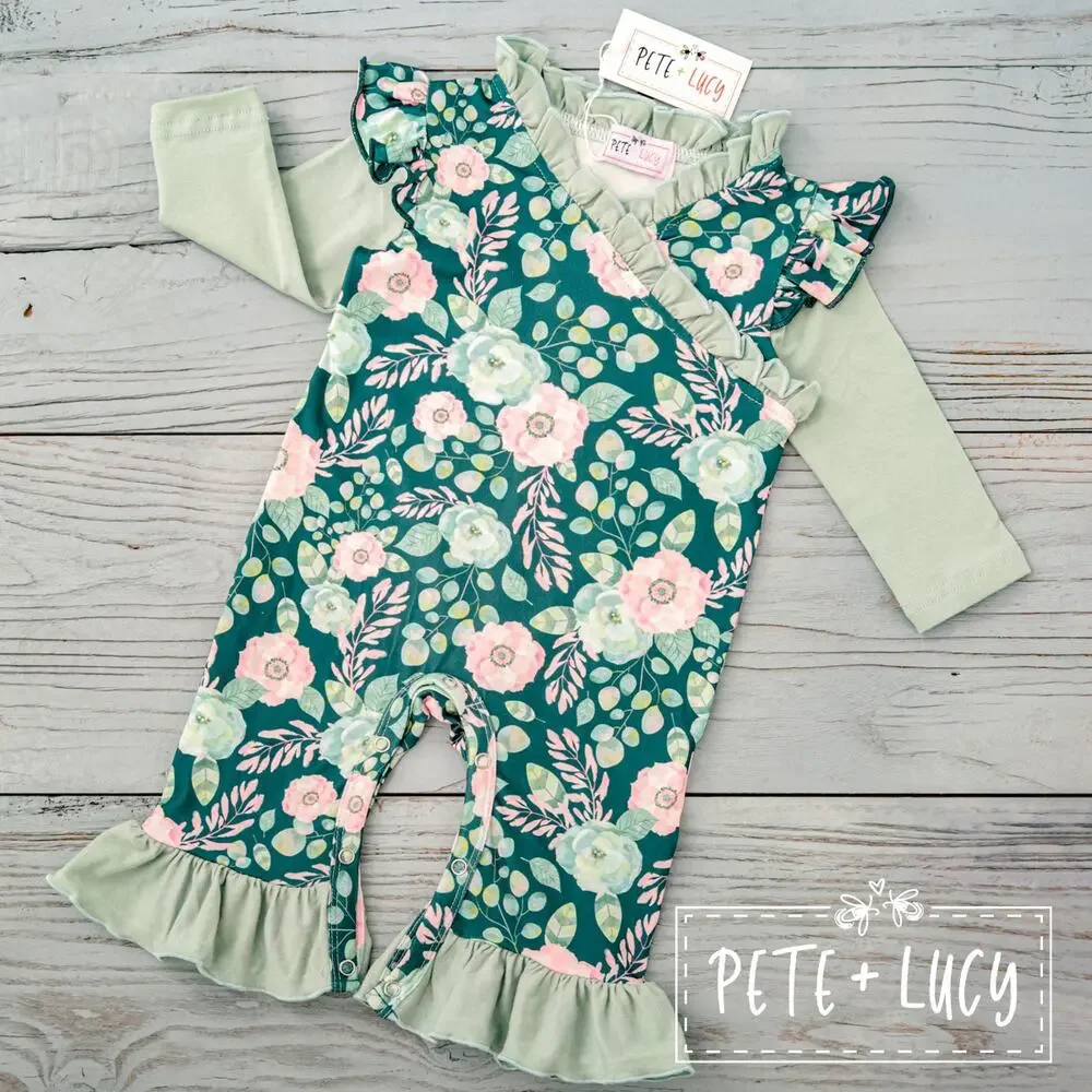 PETE + LUCY Sweet Emerald Green Ruffle Long Sleeve Romper Baby Toddler 12-18 mon